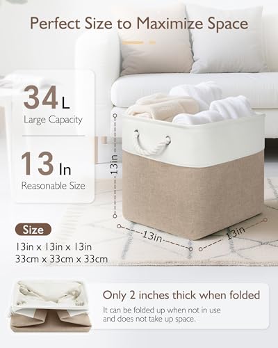 Patvingot 13x13x13 Cube Storage Bins4 Pack Large Foldable Fabric Storage Cubes with Handles for Organizing Home Closet Shelf OfficeWhiteKhaki - Image 3