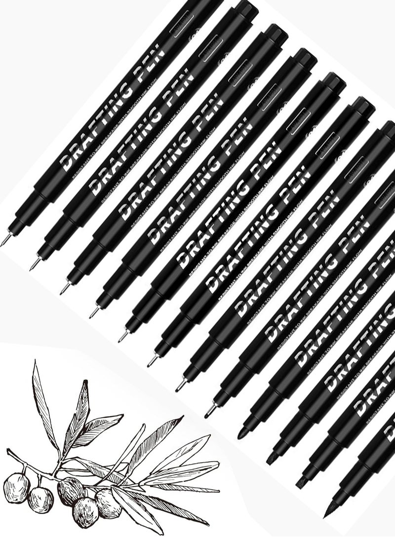 DRAFTS 12 قلم رسم أسود، أقلام تحديد سائلة، مجموعة أقلام فنية، أقلام مقاومة للماء، أقلام رسم دقيقة سريعة الجفاف للفنانين، أقلام هزلية، رسم، رسم فني - Image 1