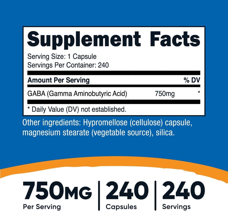 Nutricost نوتريكوست غابا حمض غاما أمينوبوتيريك 750 ملغ 240 كبسولة 240 حصة خالية من الكائنات المعدلة وراثيًا وخالية من الغلوتين - Image 2