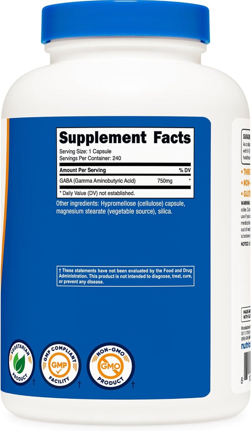 Nutricost نوتريكوست غابا حمض غاما أمينوبوتيريك 750 ملغ 240 كبسولة 240 حصة خالية من الكائنات المعدلة وراثيًا وخالية من الغلوتين - Image 5