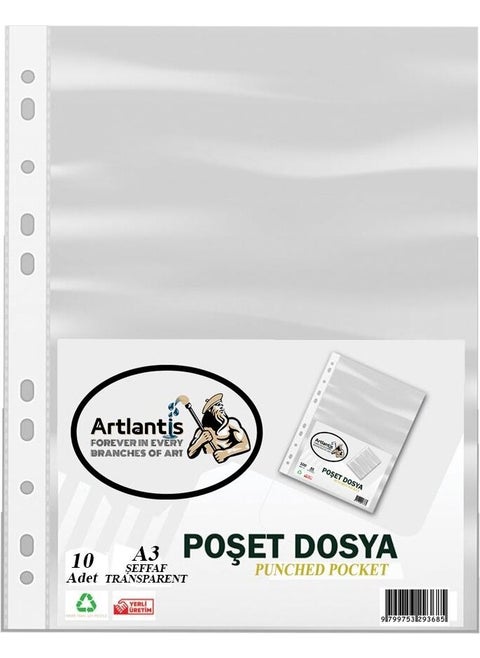 A3 Bag File Vertical 10 Piece Transparent Leaflet File 1 Pack Office School Desk Bag File with Holes on the Edge