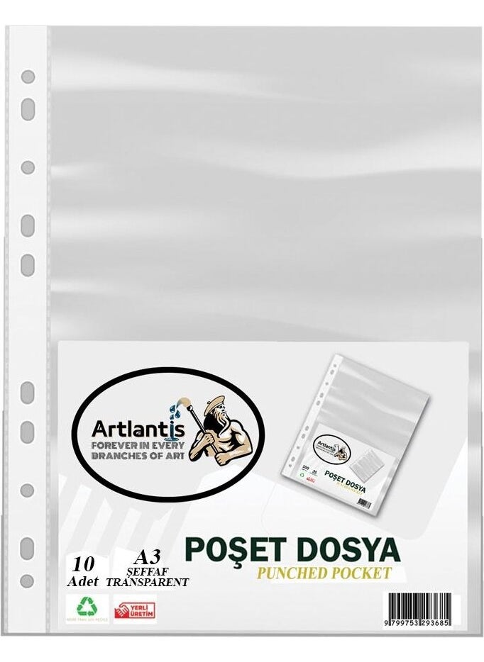 Artlantis A3 Bag File Vertical 10 Piece Transparent Leaflet File 1 Pack Office School Desk Bag File with Holes on the Edge  - Image 1