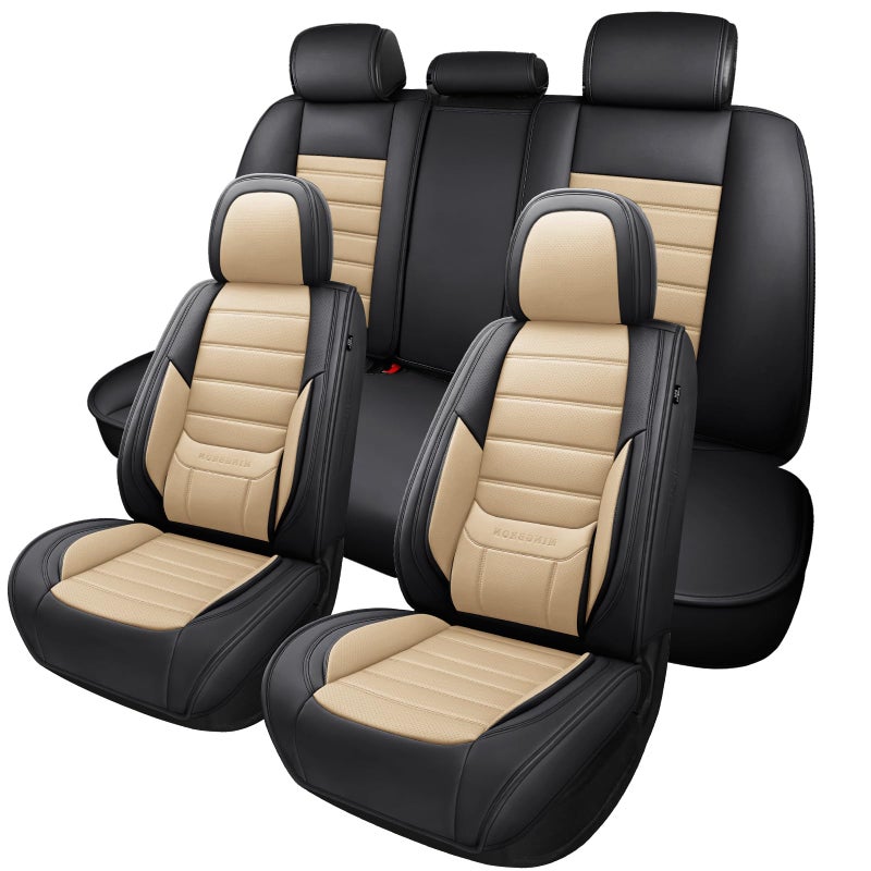 MINGBRON Car Seat Covers Full Set, Brown Car Seat Cover Lumbar Support, Car Seat Protector Waterproof, Nappa Leather Car Seat Cushion, Front Seats and Back Fit for Most Cars Beige - Image 1