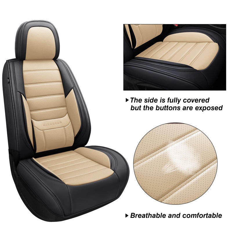 MINGBRON Car Seat Covers Full Set, Brown Car Seat Cover Lumbar Support, Car Seat Protector Waterproof, Nappa Leather Car Seat Cushion, Front Seats and Back Fit for Most Cars Beige - Image 5