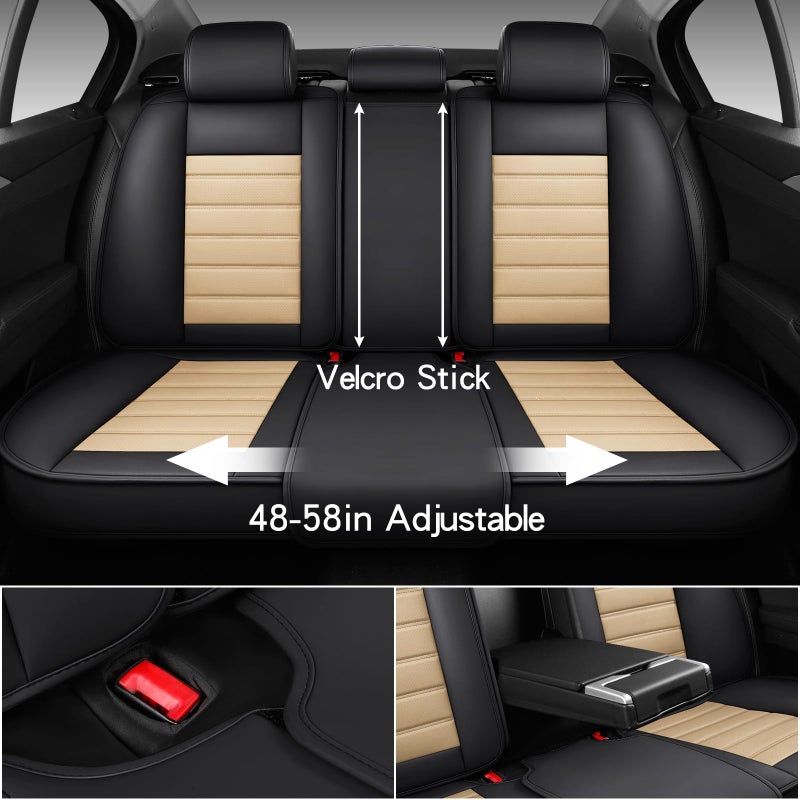 MINGBRON Car Seat Covers Full Set, Brown Car Seat Cover Lumbar Support, Car Seat Protector Waterproof, Nappa Leather Car Seat Cushion, Front Seats and Back Fit for Most Cars Beige - Image 3