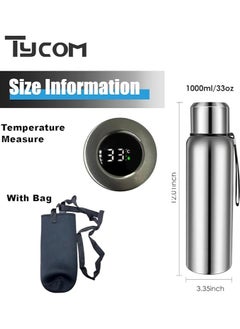 TYCOM Thermal Insulated Water Bottle 1000 ML With LED 316 Stainless Steel Double Wall Vacuum insulated Water Bottles for Hot Cold Water Gym Bottle Flask Bottle LED Display Silver.  - Image 2
