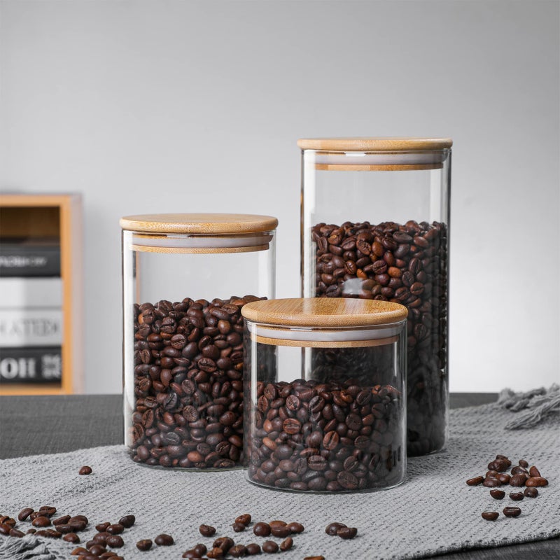 MOLFUJ 550 ML / 18 FL Oz Glass Storage Container with Wood Lid, Stackable Clear Decorative Organizer Bottle Canister Pantry Jar with Air Tight Wooden Lid for Food, Coffee, Candy, Sugar, Salt, Tea - Image 3