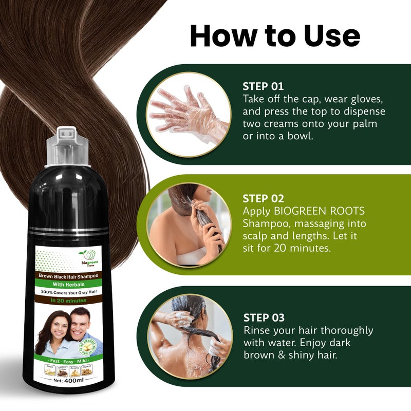 BIOGREEN ROOTS Ammonia-Free Herbal Hair Shampoo - Effectively Covers Gray Hair for Men and Women - Natural Color and Herbal Nourishment - No Stain on Skin - Brown Black (400 ml) - Image 3