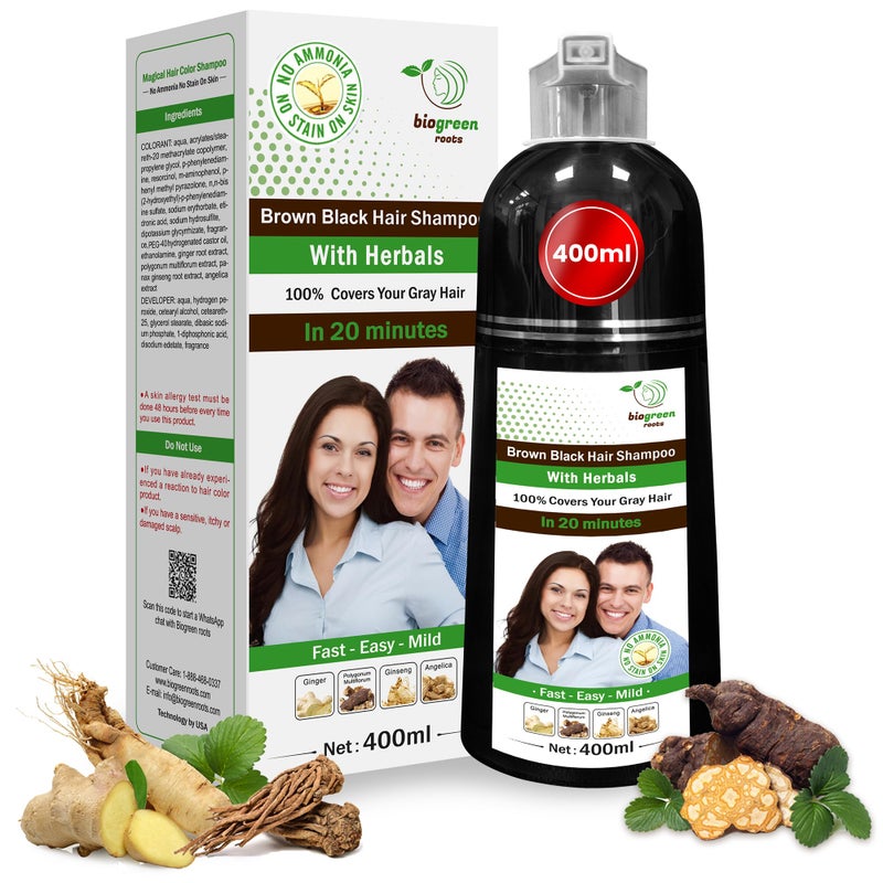 BIOGREEN ROOTS Ammonia-Free Herbal Hair Shampoo - Effectively Covers Gray Hair for Men and Women - Natural Color and Herbal Nourishment - No Stain on Skin - Brown Black (400 ml) - Image 1