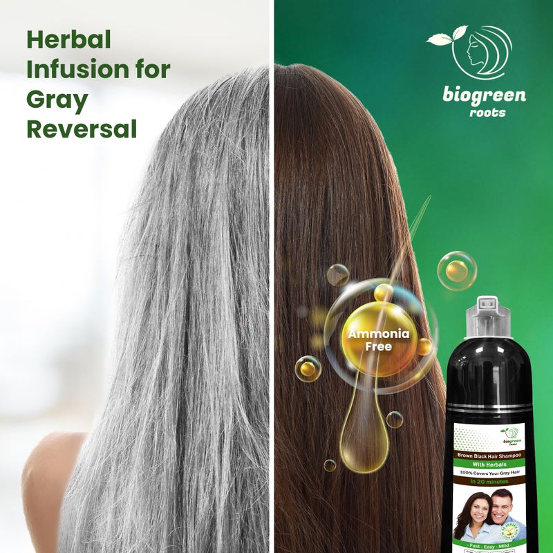 BIOGREEN ROOTS Ammonia-Free Herbal Hair Shampoo - Effectively Covers Gray Hair for Men and Women - Natural Color and Herbal Nourishment - No Stain on Skin - Brown Black (400 ml) - Image 5