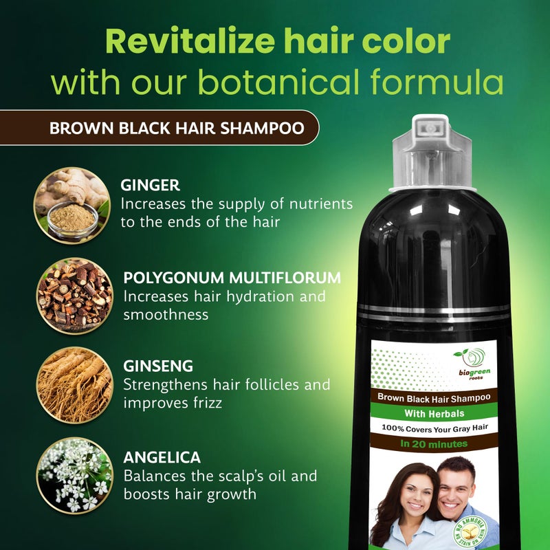 BIOGREEN ROOTS Ammonia-Free Herbal Hair Shampoo - Effectively Covers Gray Hair for Men and Women - Natural Color and Herbal Nourishment - No Stain on Skin - Brown Black (400 ml) - Image 4