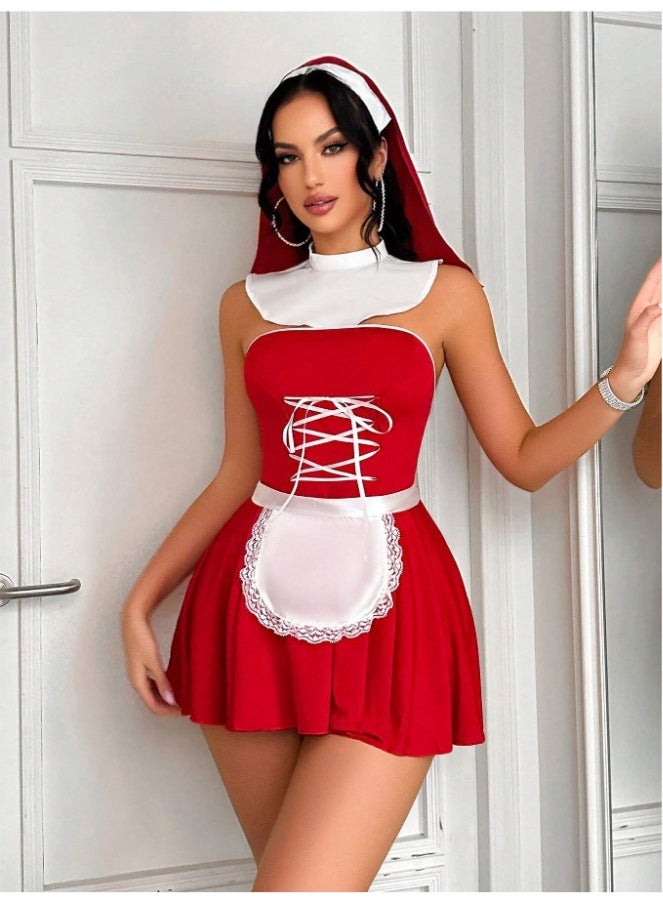 Lingerie Dress - Strapless Flared Skirt Costume with Lace Apron & Matching Headpiece - Image 4