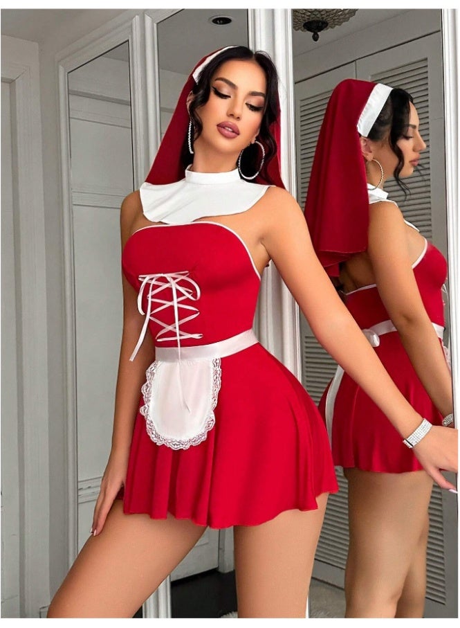 Lingerie Dress - Strapless Flared Skirt Costume with Lace Apron & Matching Headpiece - Image 3