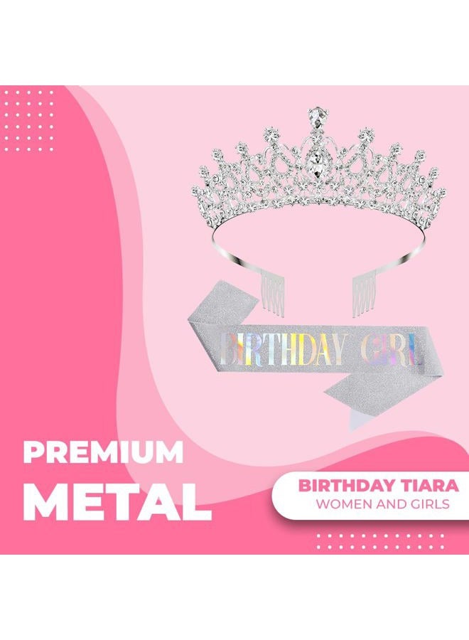 Papoopy Birthday Tiara and Crown with Sash for Women, Hair Accessories for Wedding Party Costume (B - Silver) - Image 2