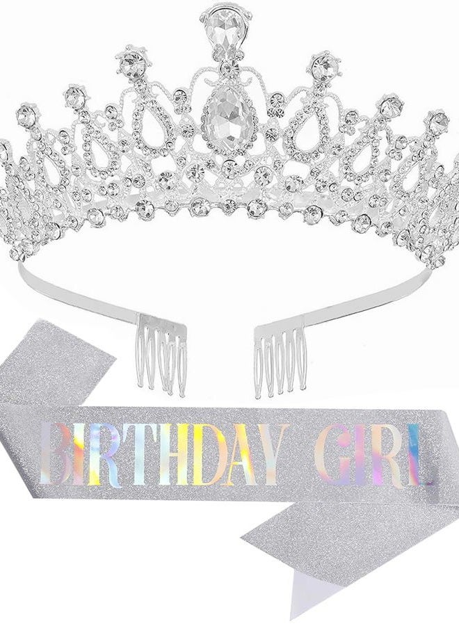 Papoopy Birthday Tiara and Crown with Sash for Women, Hair Accessories for Wedding Party Costume (B - Silver) - Image 1