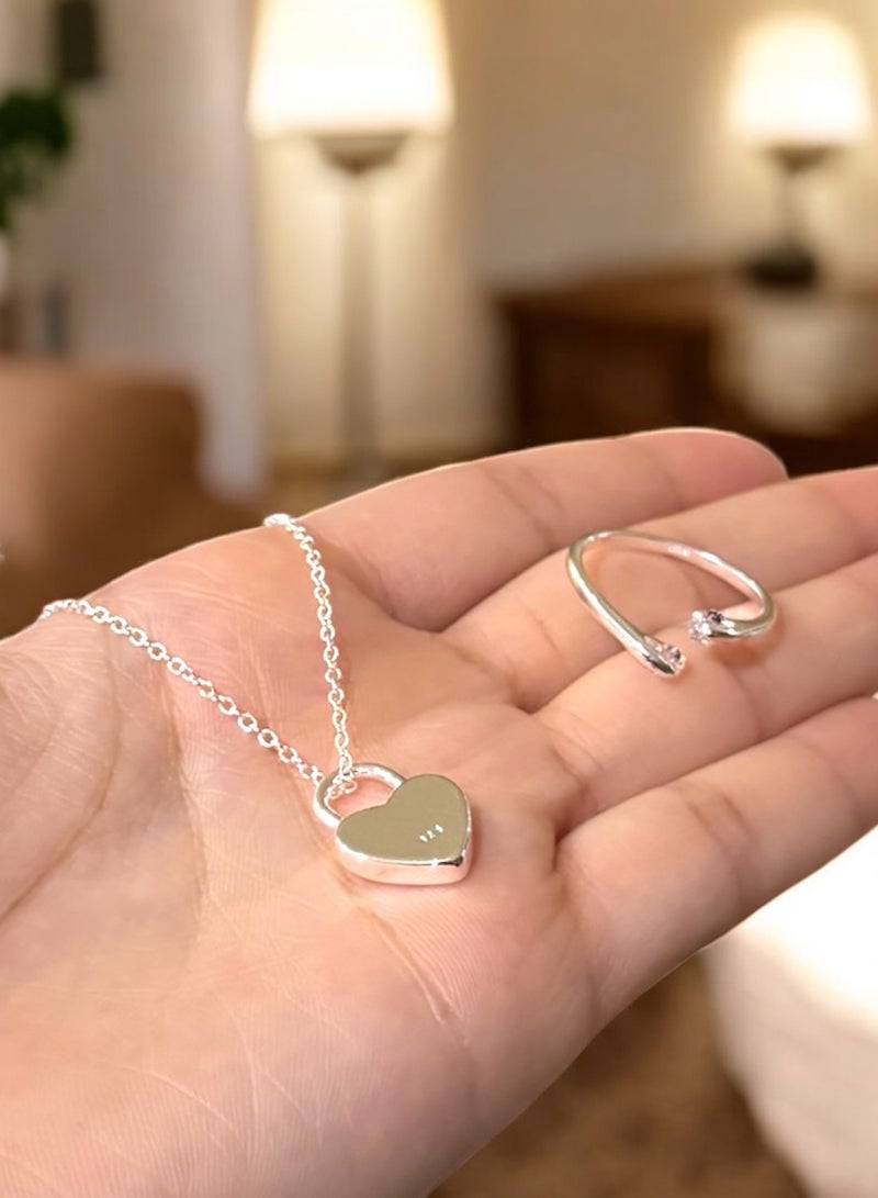 Elegance Luxury & Elegant 925 Silver Plated Necklace & One Size Ring Jewellery Set For Women - Image 4