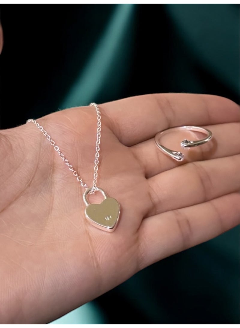 Elegance Luxury & Elegant 925 Silver Plated Necklace & One Size Ring Jewellery Set For Women - Image 1