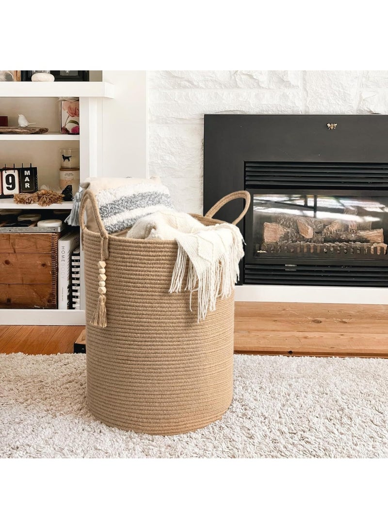 JINFANLI Large Laundry Basket, Waterproof, Dirty Clothes Hamper, Freestanding Laundry Hamper, Collapsible Tall Clothes Hamper with Extended Handles for Clothes Toys in the Dorm and Family(Khaki Jute, 16" x 20") - Image 1