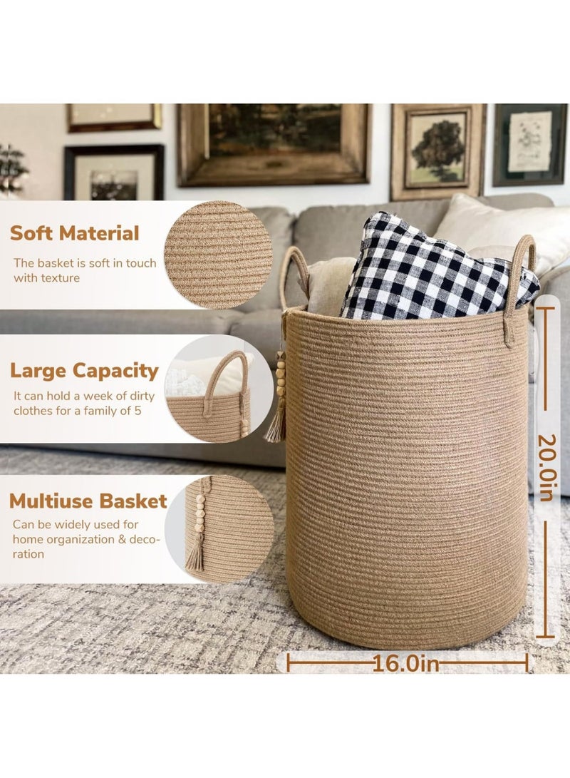 JINFANLI Large Laundry Basket, Waterproof, Dirty Clothes Hamper, Freestanding Laundry Hamper, Collapsible Tall Clothes Hamper with Extended Handles for Clothes Toys in the Dorm and Family(Khaki Jute, 16" x 20") - Image 2