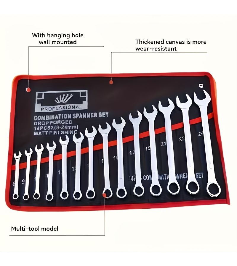 Heavy Duty 14 Tool Roll Bag With Hanging Storage 2pcs Capacity Cloth Tool Bag Suitable For Garage Workshop Basement Tool Storage Portable Wrench Holder With Hanging Hook For Wrenches Tool No Tools Included - Image 1
