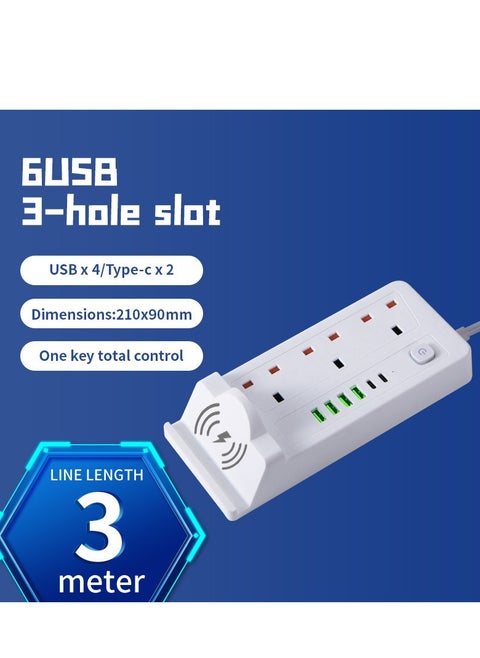 Multifunctional Power Socket 3 Socket 2500W with Wireless Quick Charging Station, USB , Type-C Port. 2 meters, 3 meters extension cable