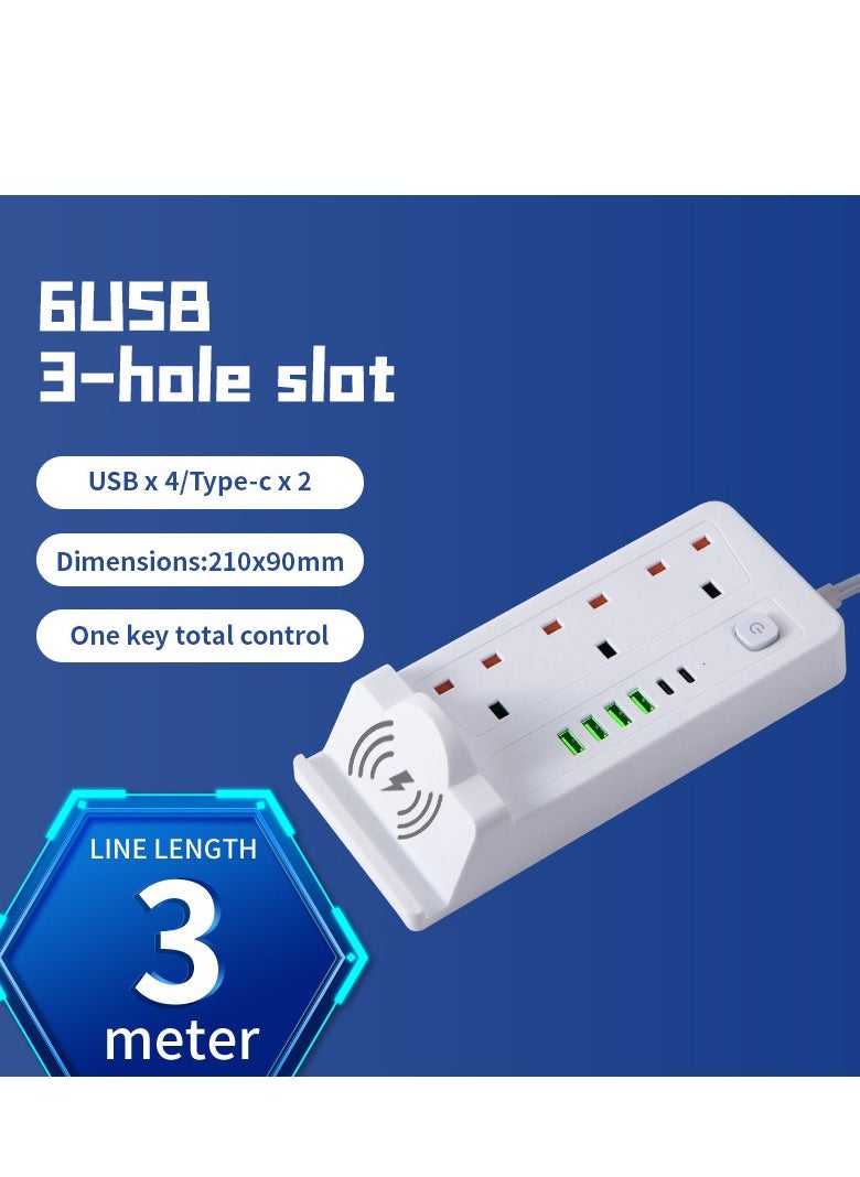 Multifunctional Power Socket 3 Socket 2500W with Wireless Quick Charging Station, USB , Type-C Port. 2 meters, 3 meters extension cable