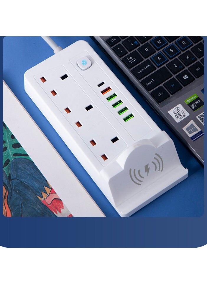 Multifunctional Power Socket 3 Socket 2500W with Wireless Quick Charging Station, USB , Type-C Port. 2 meters, 3 meters extension cable