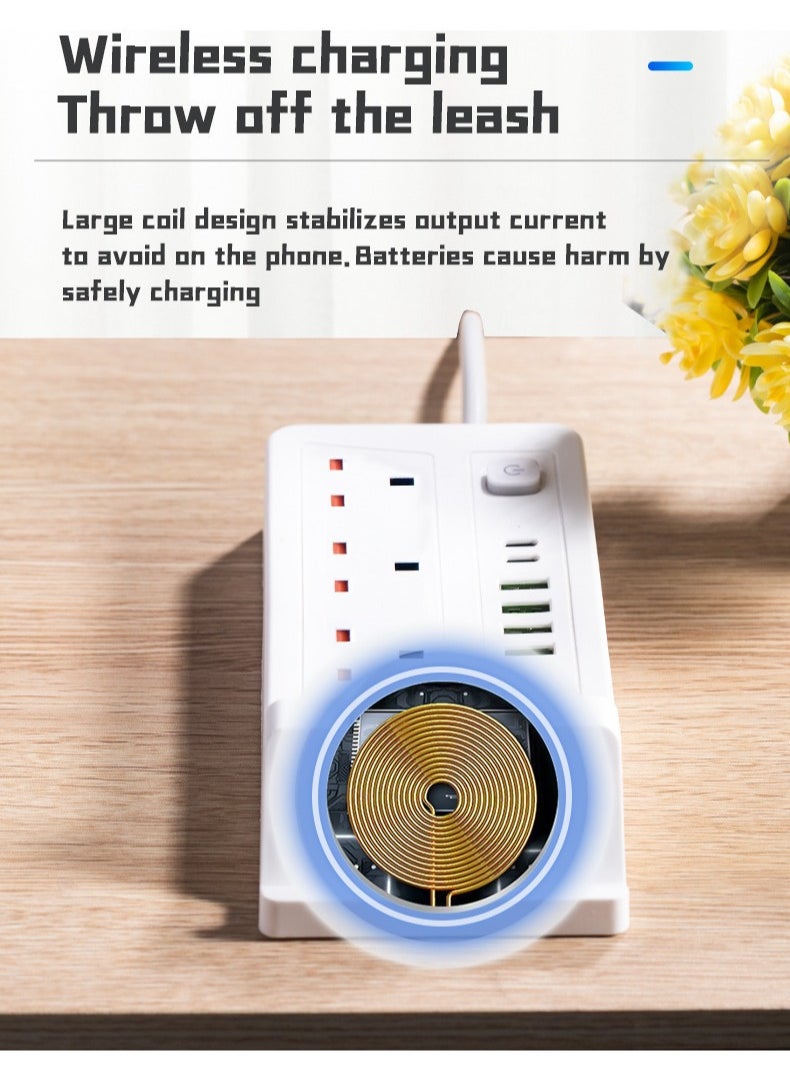 Multifunctional Power Socket 3 Socket 2500W with Wireless Quick Charging Station, USB , Type-C Port. 2 meters, 3 meters extension cable
