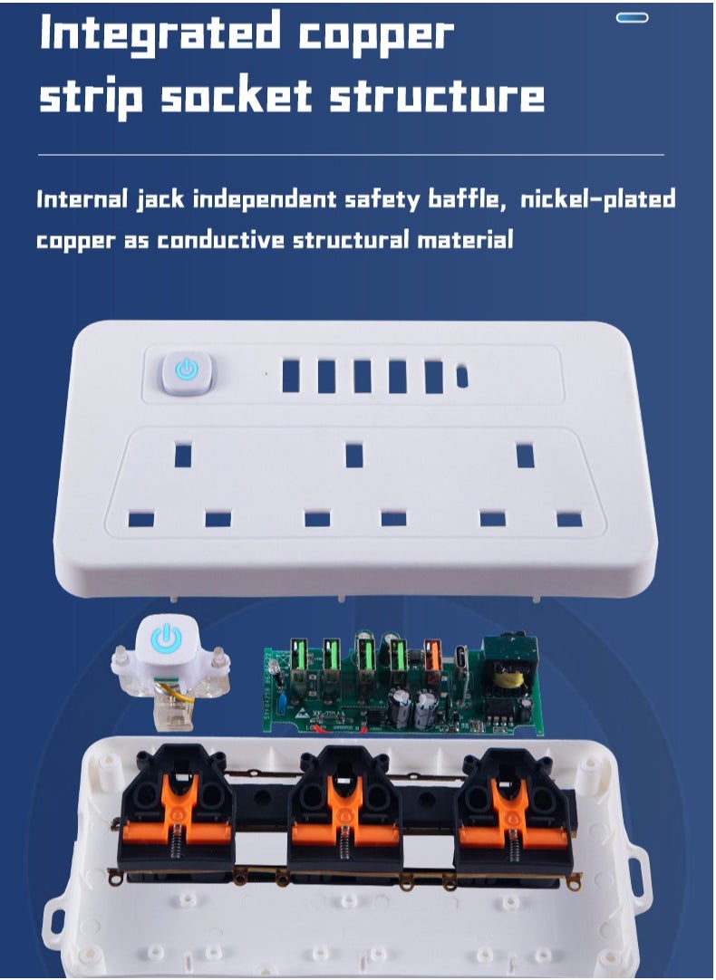 Multifunctional Power Socket 3 Socket 2500W with Wireless Quick Charging Station, USB , Type-C Port. 2 meters, 3 meters extension cable