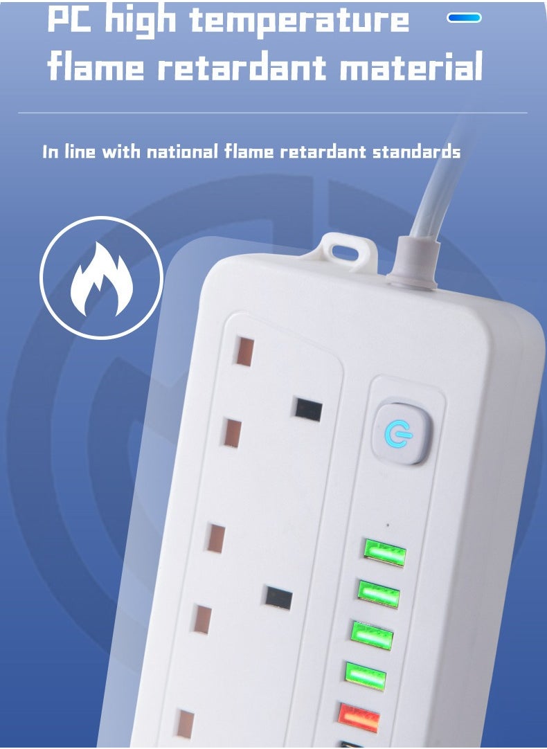 Multifunctional Power Socket 3 Socket 2500W with Wireless Quick Charging Station, USB , Type-C Port. 2 meters, 3 meters extension cable
