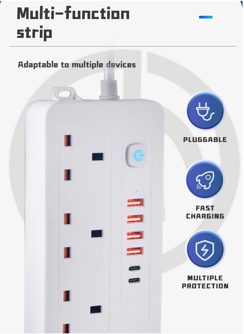 Multifunctional Power Socket 3 Socket 2500W with Wireless Quick Charging Station, USB , Type-C Port. 2 meters, 3 meters extension cable