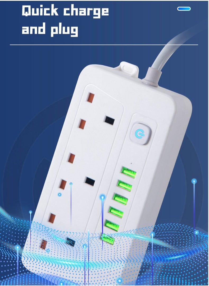 Multifunctional Power Socket 3 Socket 2500W with Wireless Quick Charging Station, USB , Type-C Port. 2 meters, 3 meters extension cable