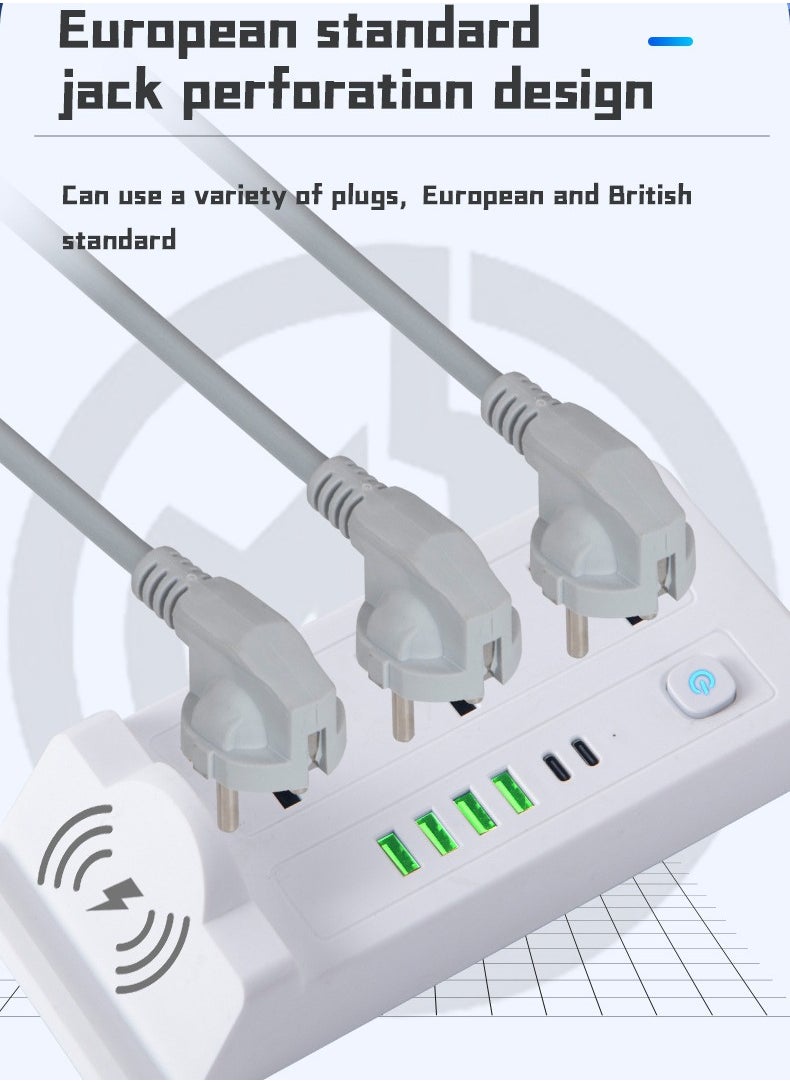 Multifunctional Power Socket 3 Socket 2500W with Wireless Quick Charging Station, USB , Type-C Port. 2 meters, 3 meters extension cable