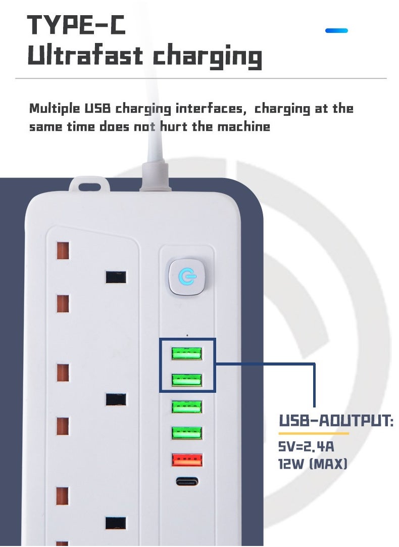 Multifunctional Power Socket 3 Socket 2500W with Wireless Quick Charging Station, USB , Type-C Port. 2 meters, 3 meters extension cable