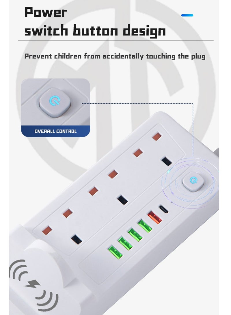 Multifunctional Power Socket 3 Socket 2500W with Wireless Quick Charging Station, USB , Type-C Port. 2 meters, 3 meters extension cable
