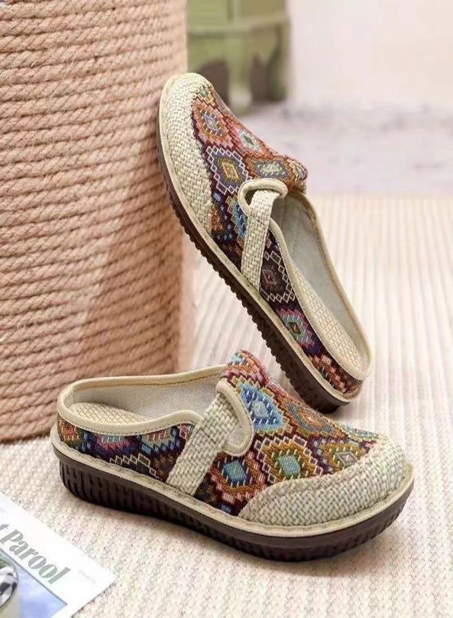 Women's Geometric Closed Toe Mules, Round Toe Non-slip Linen Cloges, Casual Slides Shoes