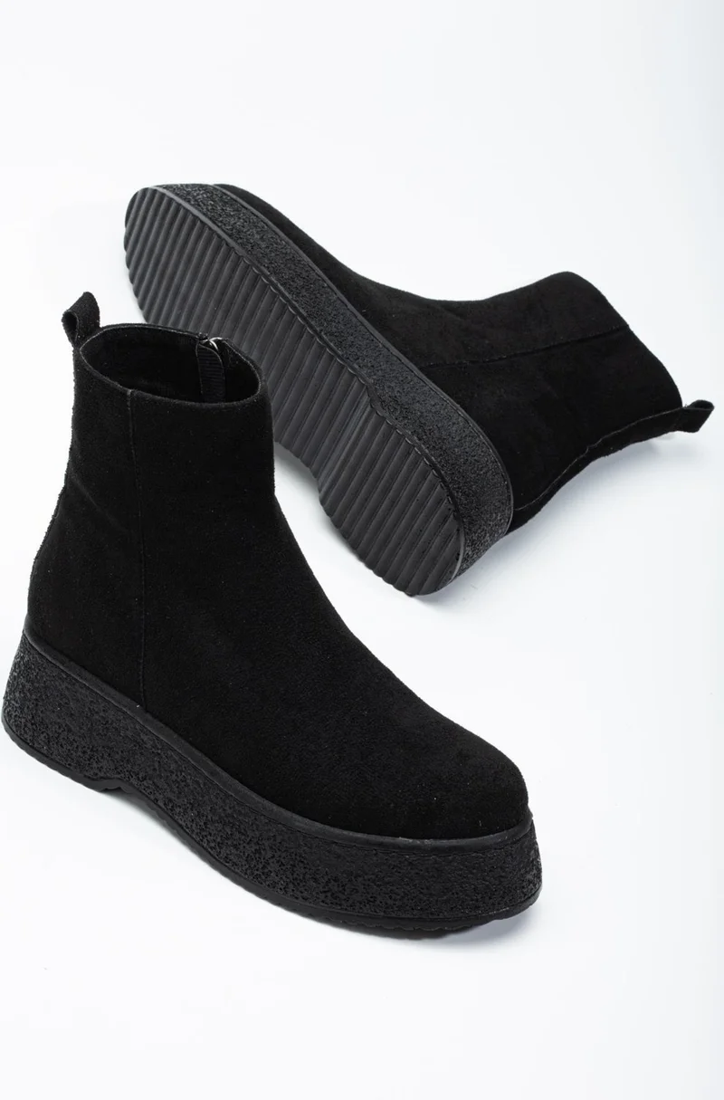 Dilimler Ayakkabı Slices Shoes Women Boots Black Thick Sole Suede Laceless Flat