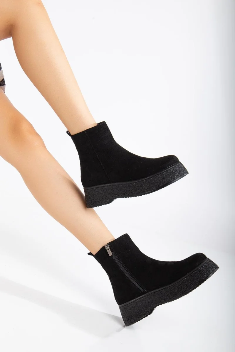 Dilimler Ayakkabı Slices Shoes Women Boots Black Thick Sole Suede Laceless Flat