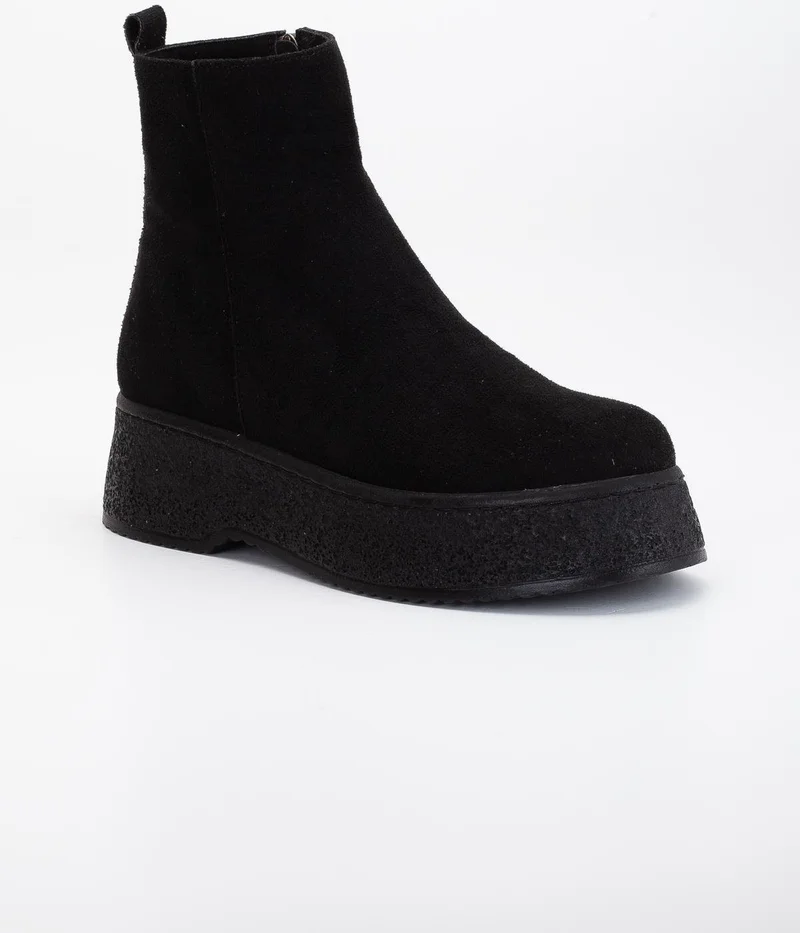 Dilimler Ayakkabı Slices Shoes Women Boots Black Thick Sole Suede Laceless Flat