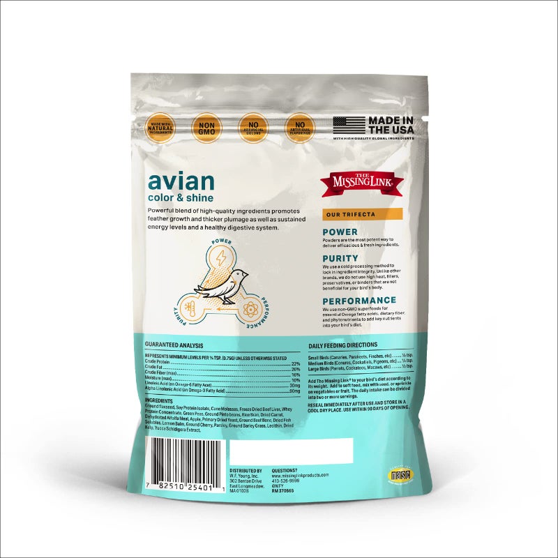 The Missing Link Avian Color & Shine Superfood Supplement Powder for Captive Birds - Flaxseed, Yucca, Kelp, Phytonutrients & Protein - Supports Energy, Plumage, Digestive & Immune Health - 3.5oz - Image 4