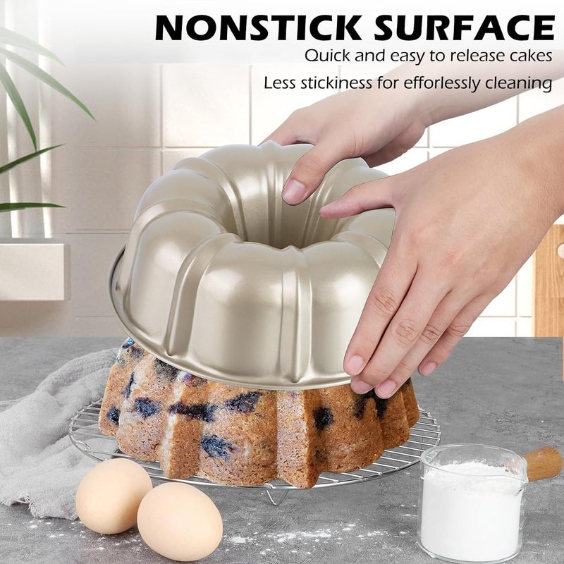 TeamFar 10 Inch Nonstick Cake Pan, 10 Cups Fluted Tube Cake Pan for Baking, Heavy Duty Carbon Steel Round Baking Tray for Making Jello/Monkey Bread/Chocoflan, Non Toxic, Easy Clean-Champagne Gold - Image 4