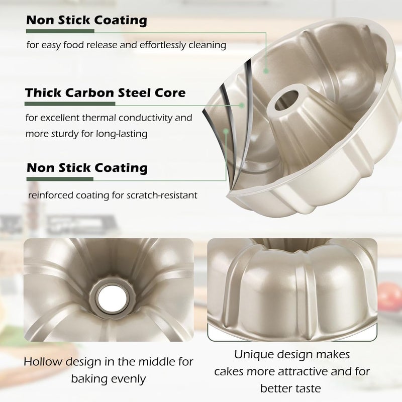 TeamFar 10 Inch Nonstick Cake Pan, 10 Cups Fluted Tube Cake Pan for Baking, Heavy Duty Carbon Steel Round Baking Tray for Making Jello/Monkey Bread/Chocoflan, Non Toxic, Easy Clean-Champagne Gold - Image 3