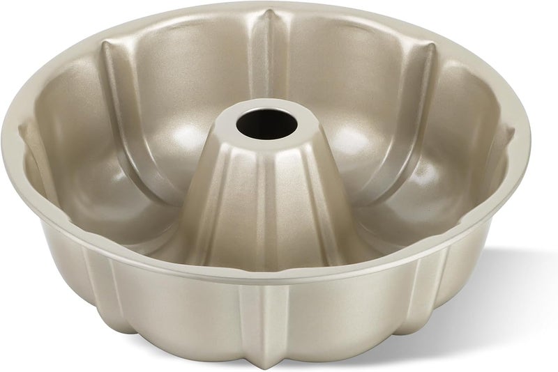 TeamFar 10 Inch Nonstick Cake Pan, 10 Cups Fluted Tube Cake Pan for Baking, Heavy Duty Carbon Steel Round Baking Tray for Making Jello/Monkey Bread/Chocoflan, Non Toxic, Easy Clean-Champagne Gold - Image 1