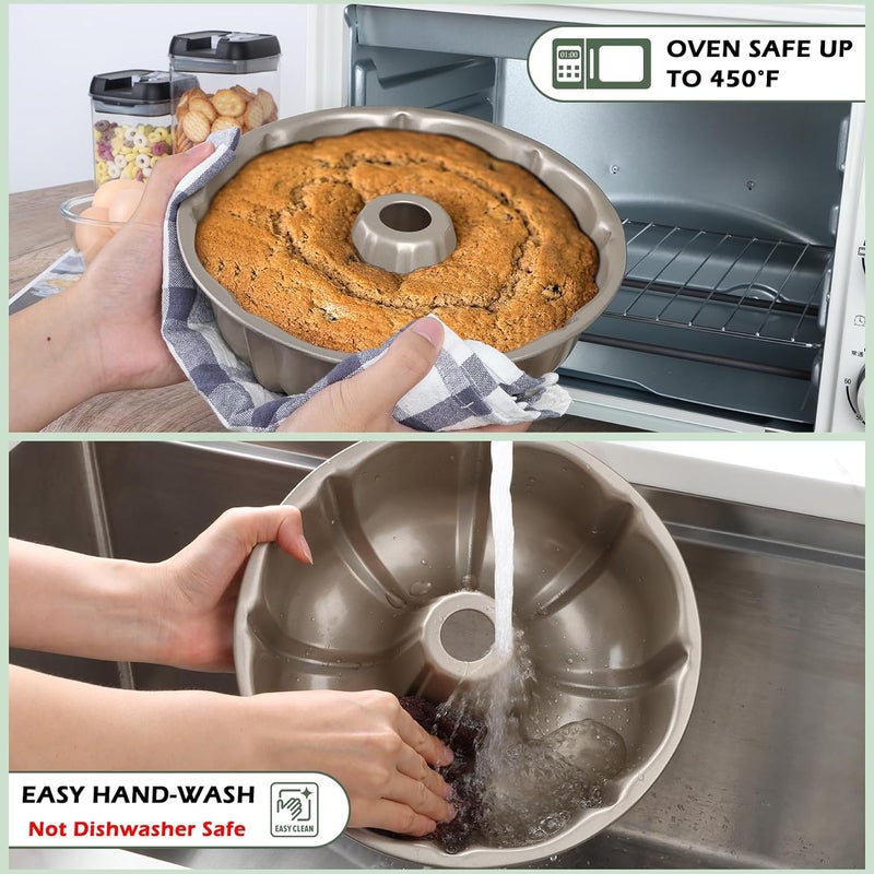 TeamFar 10 Inch Nonstick Cake Pan, 10 Cups Fluted Tube Cake Pan for Baking, Heavy Duty Carbon Steel Round Baking Tray for Making Jello/Monkey Bread/Chocoflan, Non Toxic, Easy Clean-Champagne Gold - Image 5