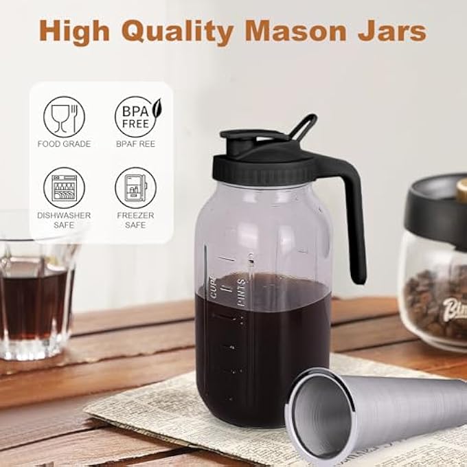 QHH Cold Brew Coffee Maker 64 Oz Wide Mouth Mason Jar Pitcher With Stainless Steel Filter Pour Spout Handle Lid Heavy Duty Glass Airtight  LeakProof Pitcher For Iced Coffee  Tea Lemonade - Image 3