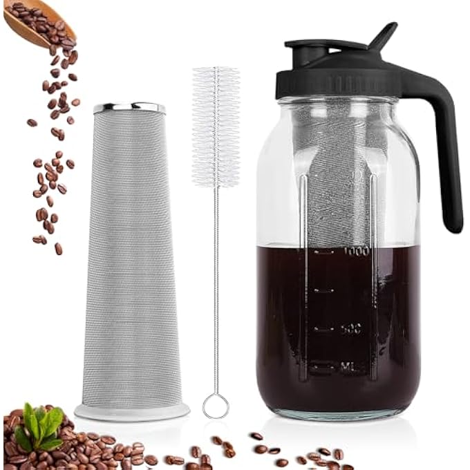 QHH Cold Brew Coffee Maker 64 Oz Wide Mouth Mason Jar Pitcher With Stainless Steel Filter Pour Spout Handle Lid Heavy Duty Glass Airtight  LeakProof Pitcher For Iced Coffee  Tea Lemonade - Image 1