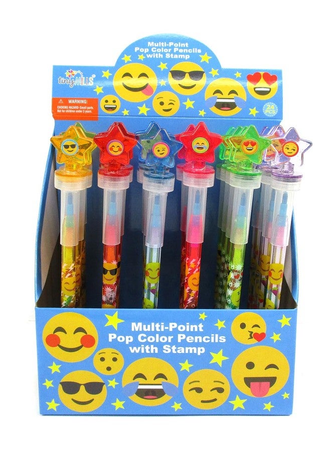TINYMILLS 24 Pcs Emoji 2 in 1 Stackable Stacking Crayon with Extra Stamper Topper, Kids Party Favors, Goodie Bag Stuffers, Classroom Rewards, Prizes - Image 1