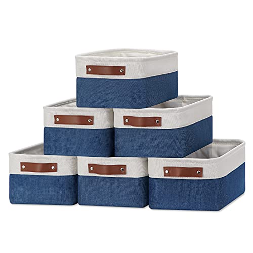 DULLEMELO Set of 6 Small Baskets for Organizing Small Fabric Storage Bins for Toys Storage Collapsible Storage Bins with Leather Handles for Shelves Closets Laundry NurseryWhiteBlue