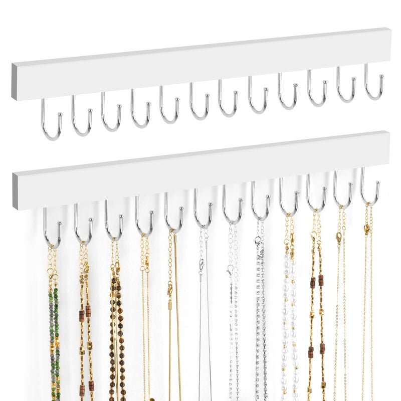 ZEDODIER 2 Pack Necklace Organizer Wall Mount, Wooden Jewelry Hanger Necklace Holder with 24 Hooks,Hanging Jewelry Organizer, White - Image 1