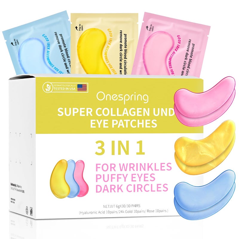 Onespring Under Eye Patches (30 Pairs) - 24K Gold Eye Mask for Puffy Eyes, Dark Circles, Under Eye Bags and Smooth Wrinkles, Eye Gel Pads With Collagen, Hyaluronic Acid & Castor Oil - Image 1